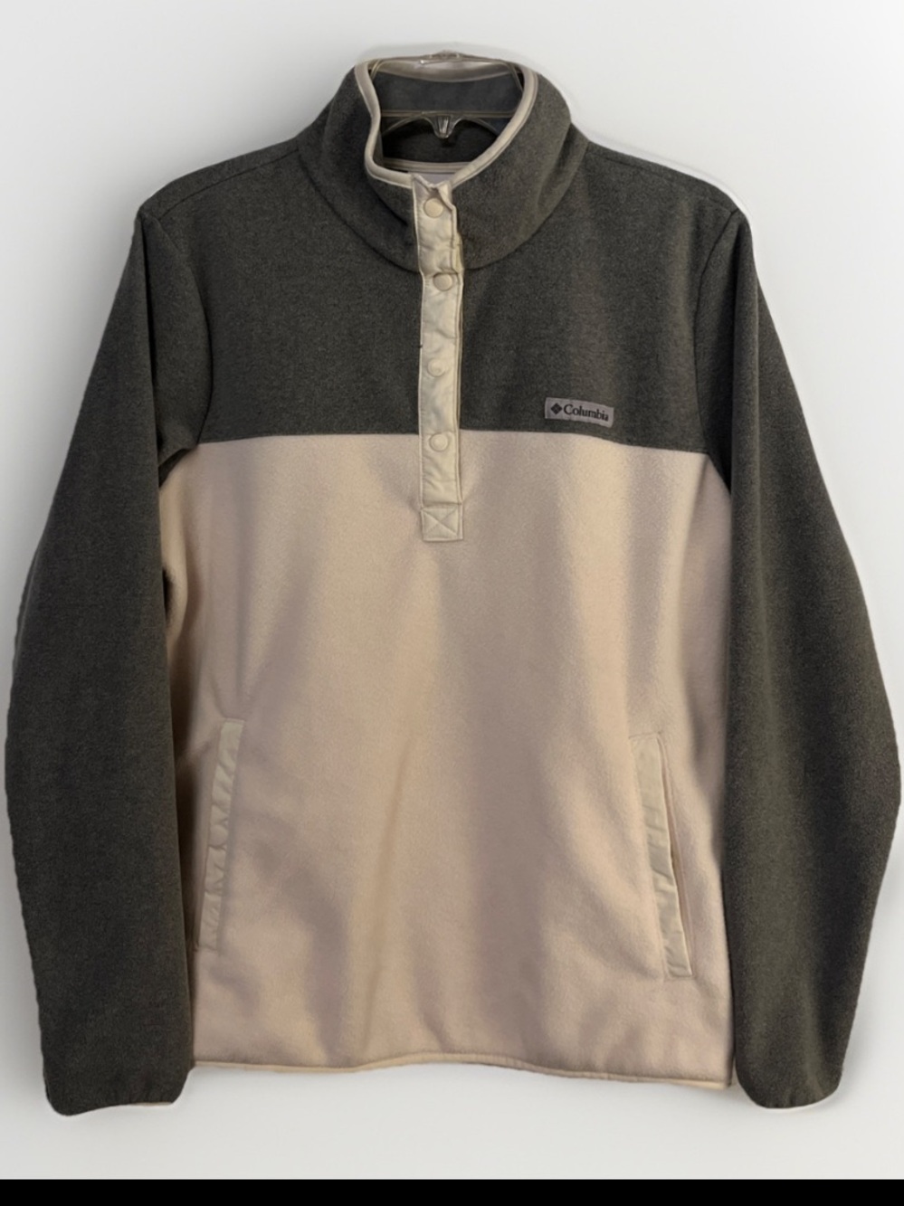 Columbia Women XL Gray/White Fleece 1/4 Snap Pullover Lightweight Warm Pockets